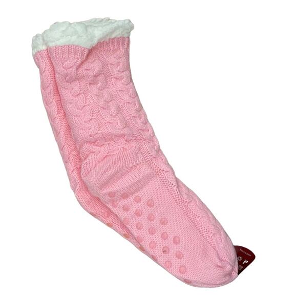 Sherpa Knit Pink Non Slip Slipper Socks One Size - Picture 2 of 2